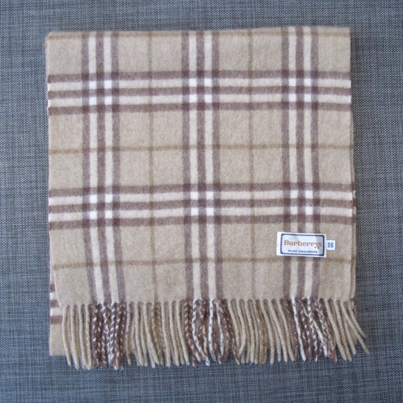 BURBERRYS Pure Cashmere Nova Plaid Scarf Tan Brown Natural 11.75 x 53 - Picture 4 of 10
